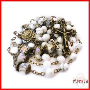 White Howlite Stone Rosary Beads Bracelet Set Catholic Prayer Jewelry
